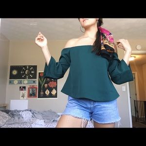 off-shoulder green top
